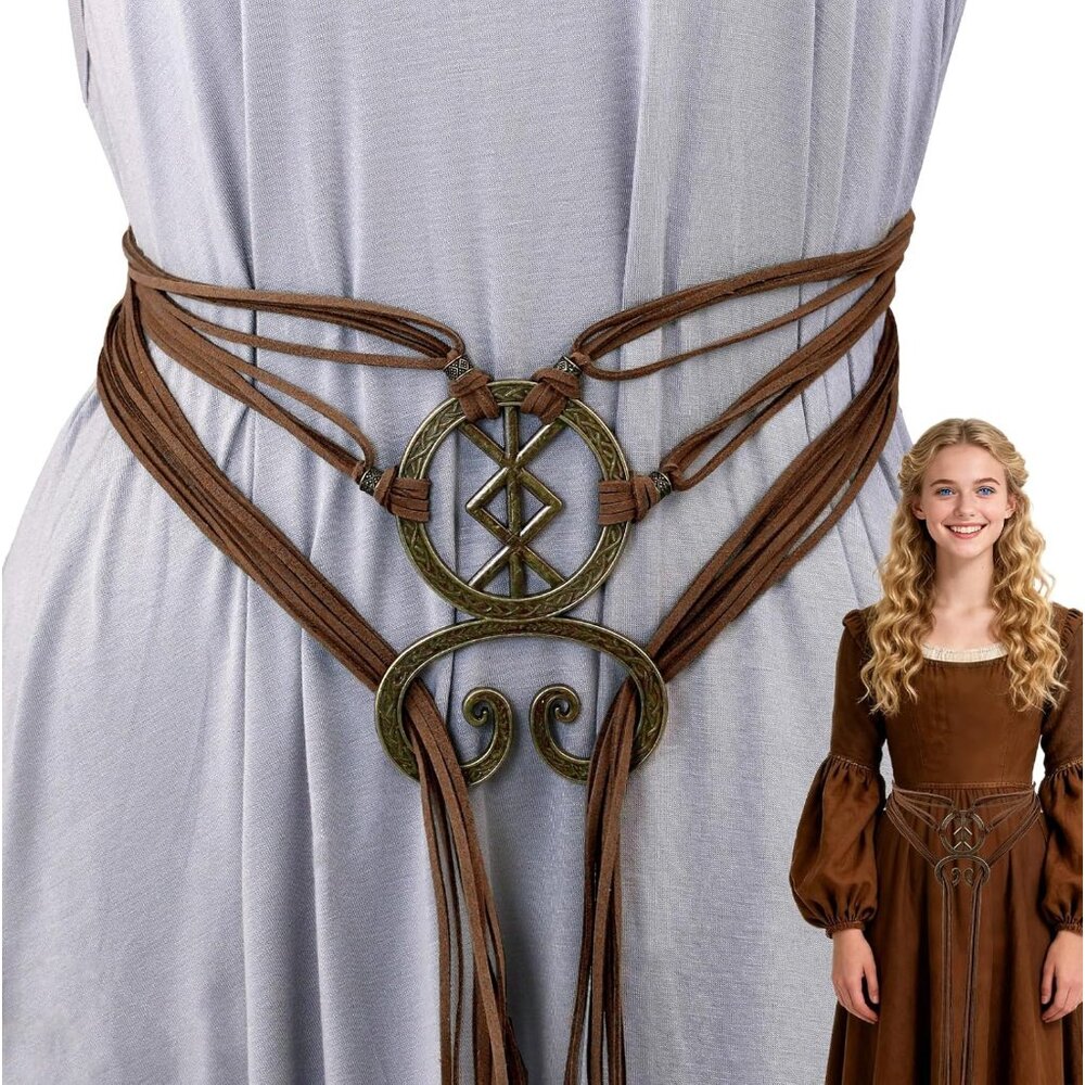 Brown Faux Leather Laced Waist Belt with Ornate Antiqued Buckle